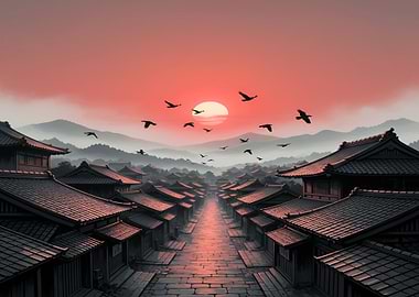 Japanese Village Sunset with Birds