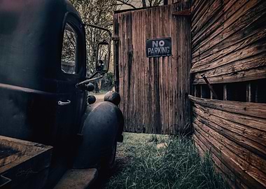 Vintage Truck and Rustic Barn with No Parking Sign