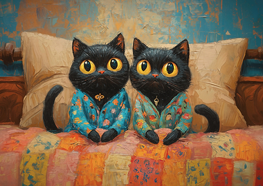 Two Cats in Pajamas on Bed