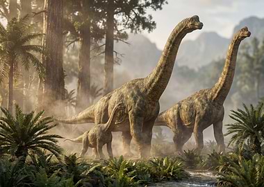 Brachiosaurus Family in Prehistoric Jungle