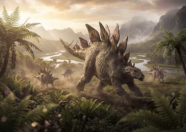 Stegosaurus Herd in Prehistoric Landscape