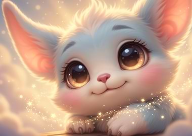 Cute Kawaii Kitten With Big Eyes In Dreamy Light