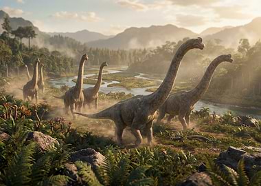 Brachiosaurus Herd in Prehistoric Landscape