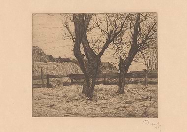 Rural Landscape Etching with Trees and Barn