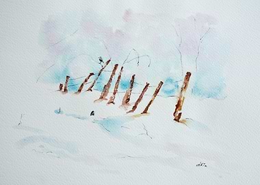 Winter Landscape Watercolor Painting with Birds