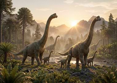 Brachiosaurus Family in Prehistoric Landscape