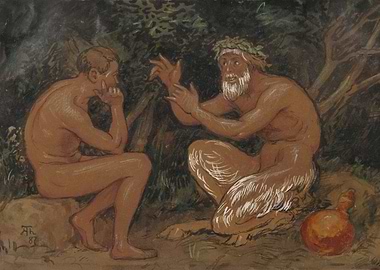Satyr and Man in Forest Scene