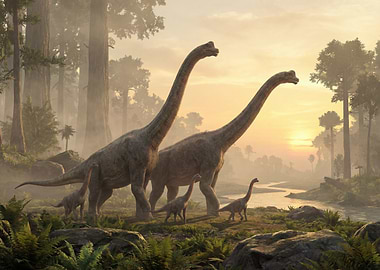 Brachiosaurus Family in Prehistoric Landscape