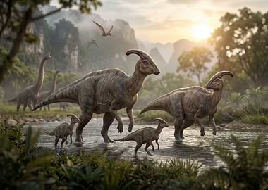 Parasaurolophus Family Crossing a River
