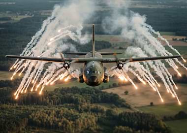 Military plane firing flares in flight