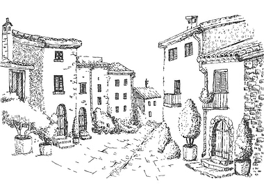 Ink Drawing of a European Village