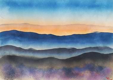 Watercolor Mountain Range at Sunset