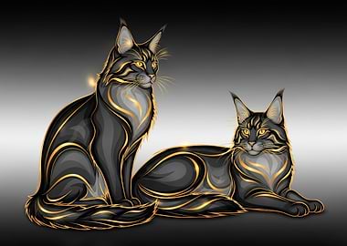 Elegant Black and Gold Cats Illustration