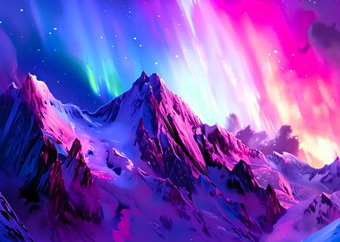 Vibrant Aurora Over Snowy Mountains