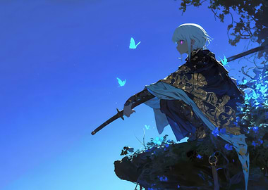 Anime Warrior with Sword and Butterflies
