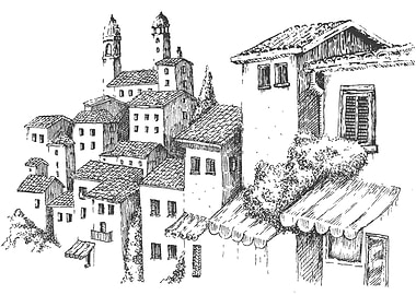 Monochrome European Townscape Ink Drawing