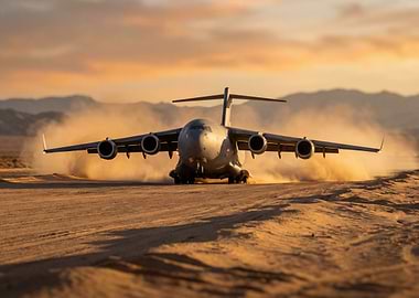 Military Transport Plane Landing in Desert