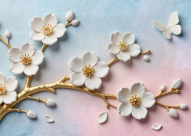 White Flowers and Butterfly on Pastel