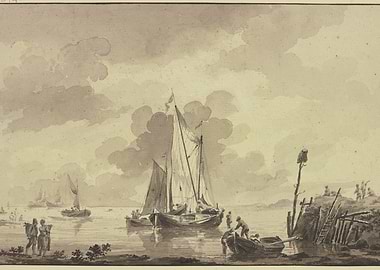 Antique Seascape with Boats and Figures