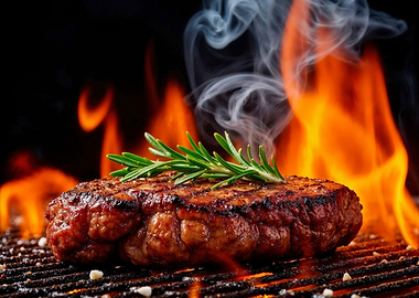 Grilled Steak with Rosemary and Flames