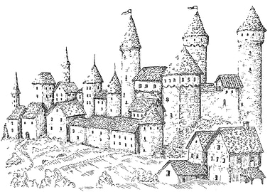 Medieval Castle and Village Illustration