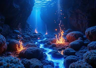 Underwater Cave with Fire and Stream