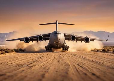 Military transport plane landing in desert