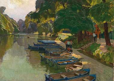 Rowboats on a Riverbank Painting
