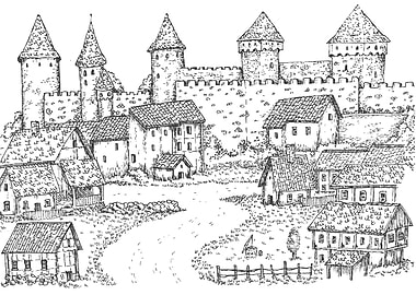 Medieval Village with Castle Illustration