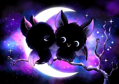 Cute Bats in Love on Crescent Moon Branch