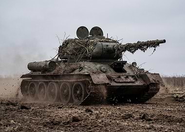 Camouflaged Tank in Muddy Field