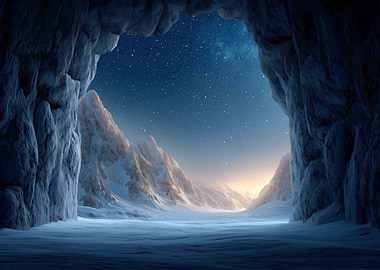 Winter Cave Landscape with Starry Sky