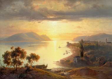 Golden Sunset Over Lake and Landscape