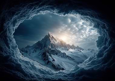 Snowy Mountain Peak Through Cave Opening