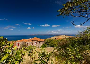 Coastal Village Landscape with Blue Sky, Lesbos