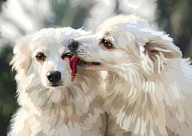 Two White Dogs Licking Each Other