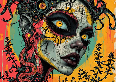 Surreal Portrait with Floral and Mechanical Elements