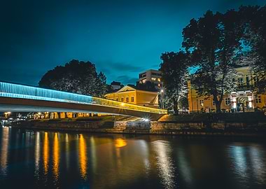 Night Cityscape with Illuminated Bridge