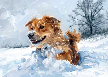 Dog playing in the snow painting