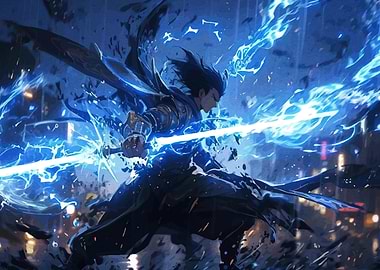 Dynamic Swordsman in Electric Blue Cityscape