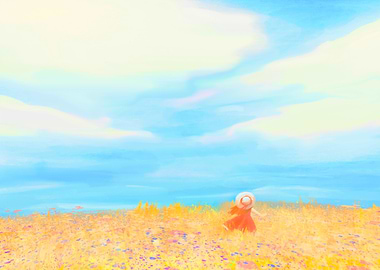 Girl in Field Under Blue Sky