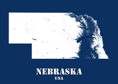 Nebraska USA State Minimalist White Topographic Contour Relief Map featuring terrain on navy blue background