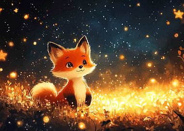 Cute Fox in Starry Night
