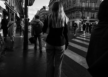 Parisian street scene in black and white