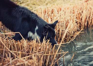 Dog Drinking Water by the Lake