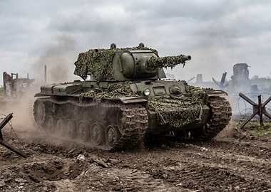 Camouflaged Tank in Battlefield