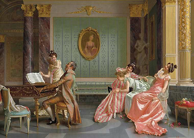 Elegant musical gathering in a grand hall