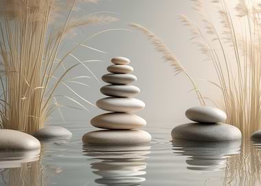 Zen Stones in Water with Reeds