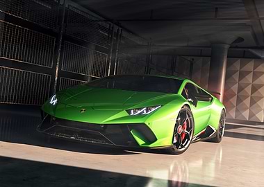 Green Lamborghini Huracan in Garage