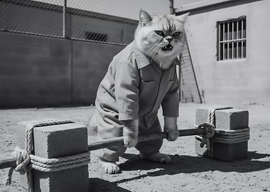 Weightlifting Cat in Overalls